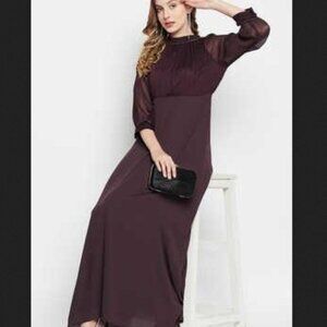 Madame Solid Mandarin Satin Maxi Dress Wine Beaded Shimmer M UK 12